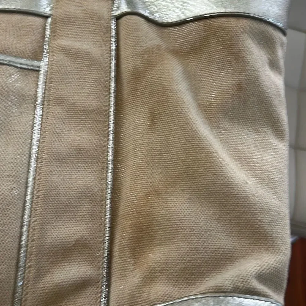 Tory Burch canvas and silver leather large tote bag